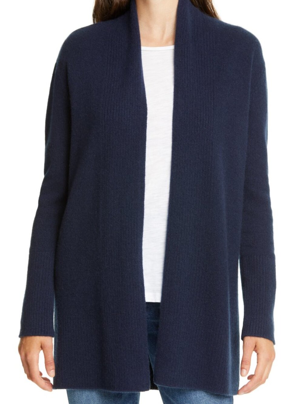 Nordstrom Signature  Navy Blue Fall Open Front 100% Cashmere Cardigan L
